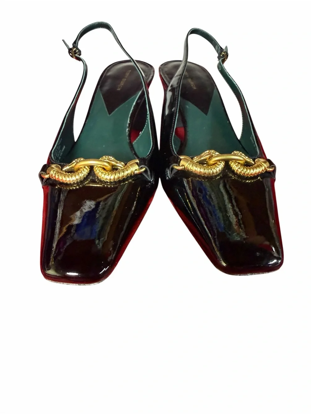 Tory Burch Jessa Slingback Pumps Black Patent Leather Gold Horsebit Size 9.5